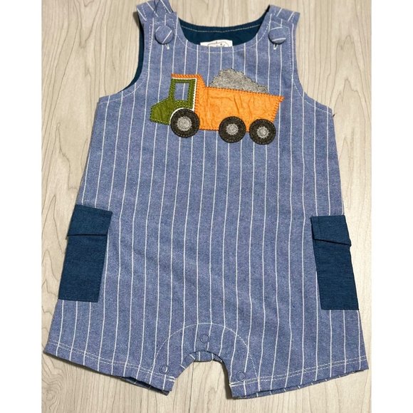 Mud Pie chambray 3-6m NWOT romper Jon Jon Dump truck applique construction - Picture 1 of 4